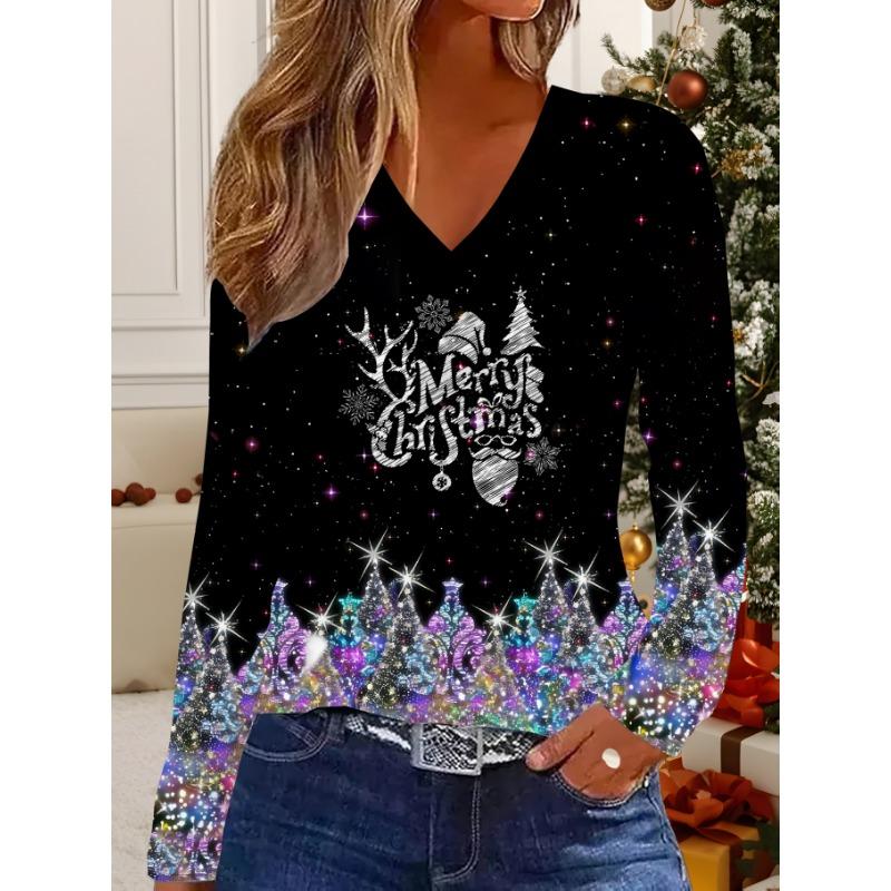 Women's Fashion Casual Christmas Christmas Fluorescent Christmas Tree Print V-Neck Long Sleeve Women's T-Shirt