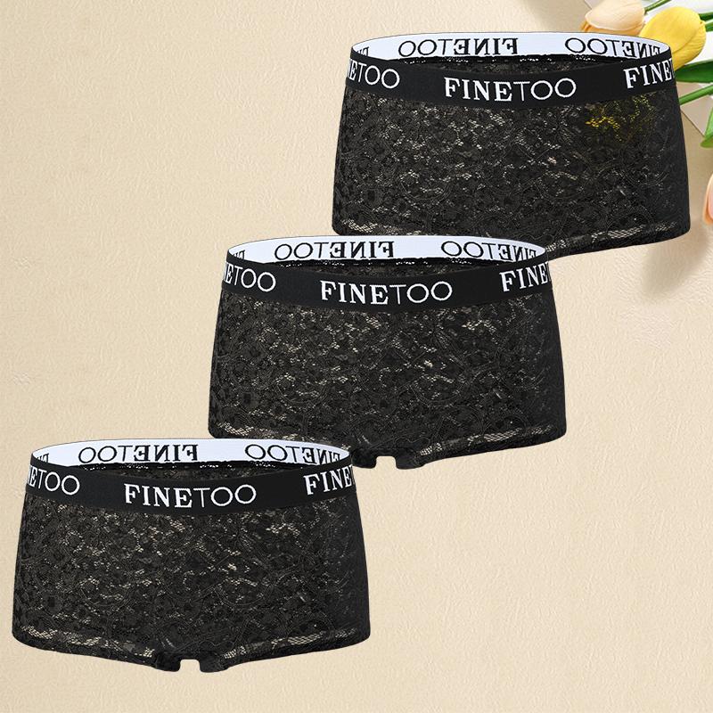 FINETOO 3Pcs/Set Mid-Waist Underpants Lace Boxer Briefs For Women Sexy Transparent Underwears Comfortable Soft Panties S-XL Size