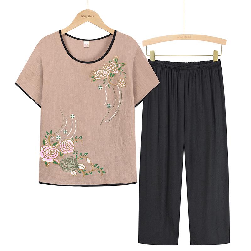 Summer Cotton & Linen Suit for 60-70-Year-Old Women: Grandma's Loose Pajama Set with Short-Sleeved T-Shirt