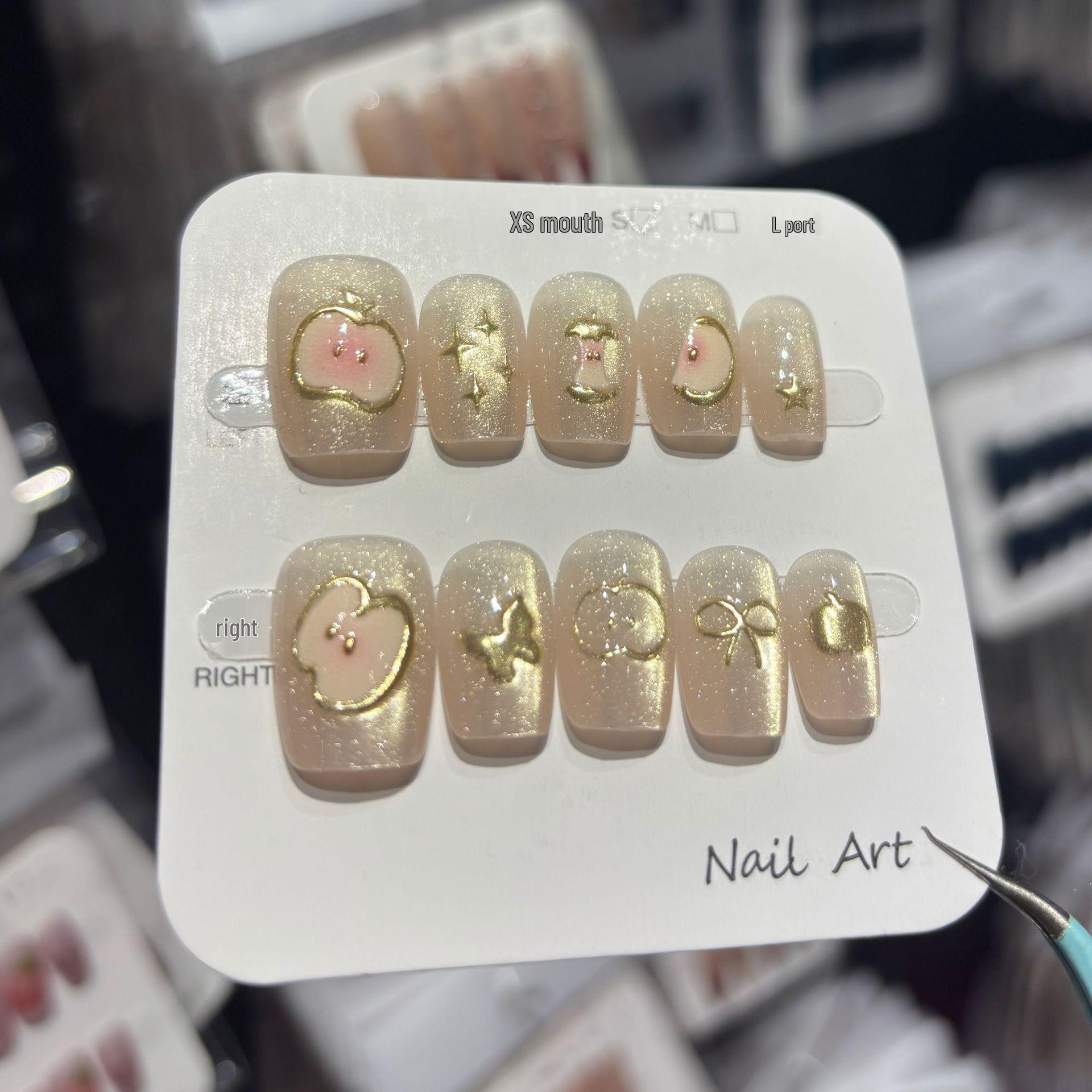 

Gold Glitter Apple Handmade Short Press-on Nail Patches XS - Glue Type