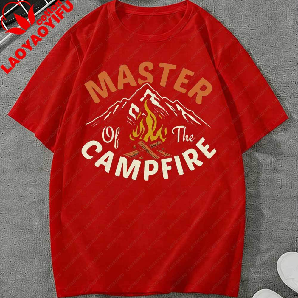 Retro Master Of The Campfire Mountain TShirt Vintage Camping Graphic Cotton Top Perfect Gift for Hiking Camping Outdoor Lovers