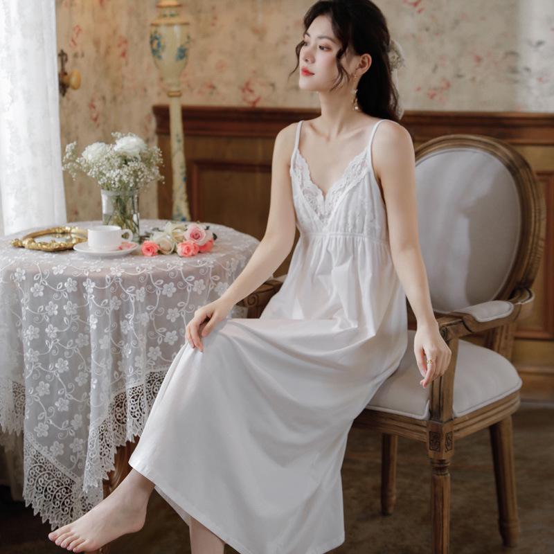 Cotton Lace Princess Camisole Nightgown - Women's Summer Long Dress with Embroidery and Chest Pad, Wearable Outside