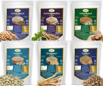 Biotic Safed Musli, Ashwagandha, Shatavari, Gokhru, Vidarikand & Nasiona Kaunch w Proszku - 300g (50 gramów każdy)