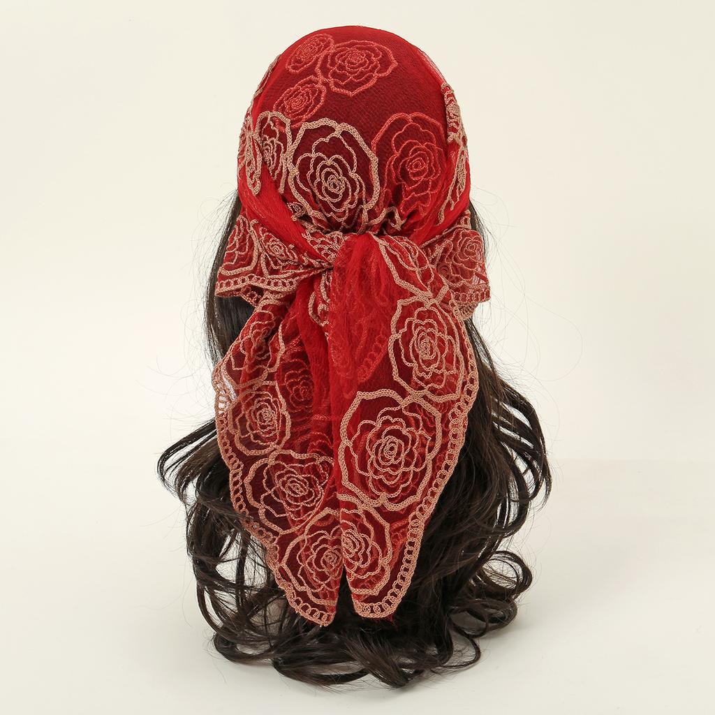 Embroidery Lace Muslim Hijab Square Scarf For Women Flower Headscarf Wrap Foulard Islam Turban Headband Bandana Headwear 80*80cm