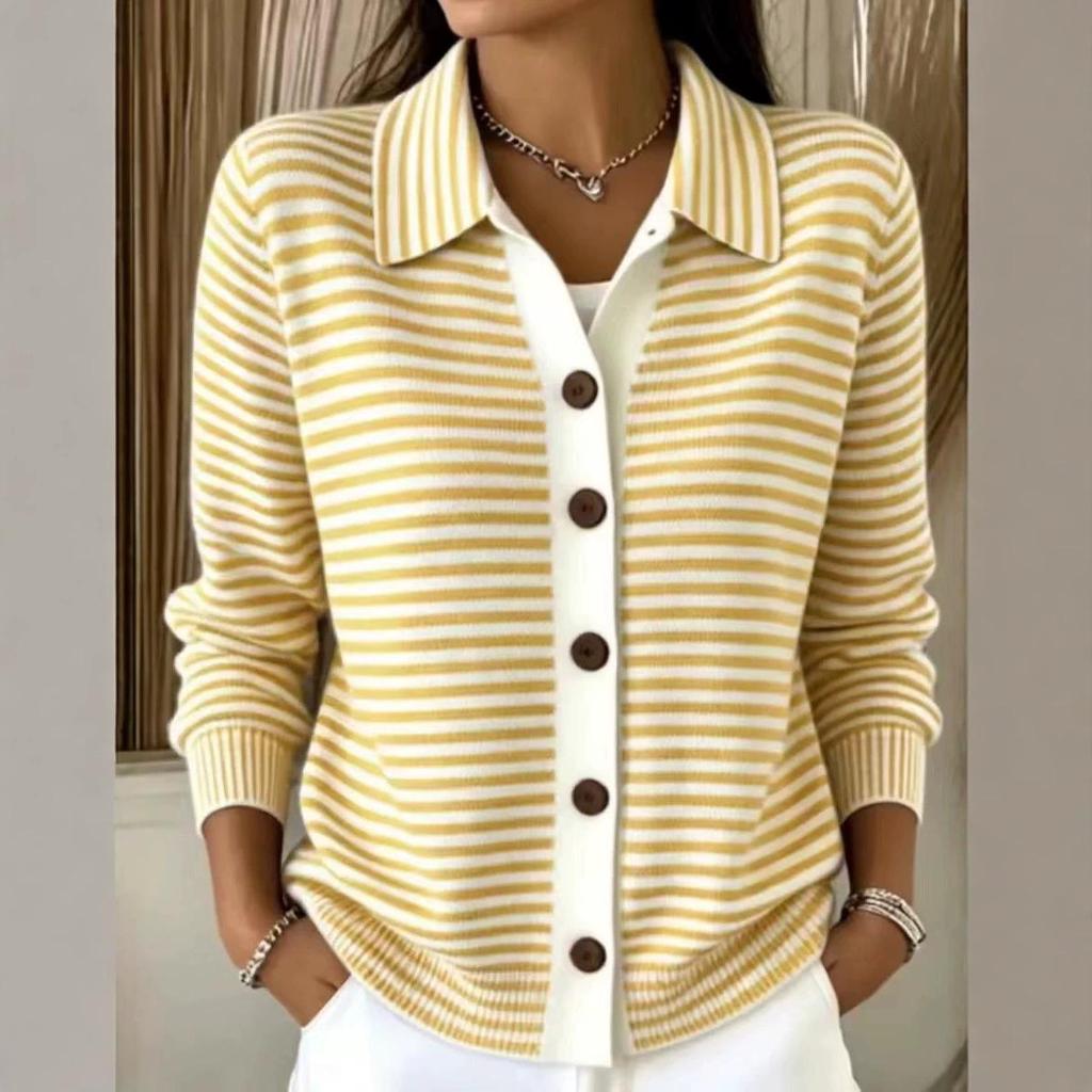 European & American Striped Knit Button Cardigan: Autumn/Winter Casual Solid Color Fashion for Women 2026
