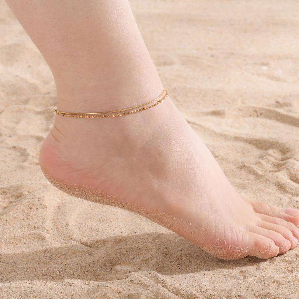 Women Anklet Summer Round Bead Chain Double Layered Square Snake Foot Chain,Simplicity Temperament Holidays Ankle Bracelet