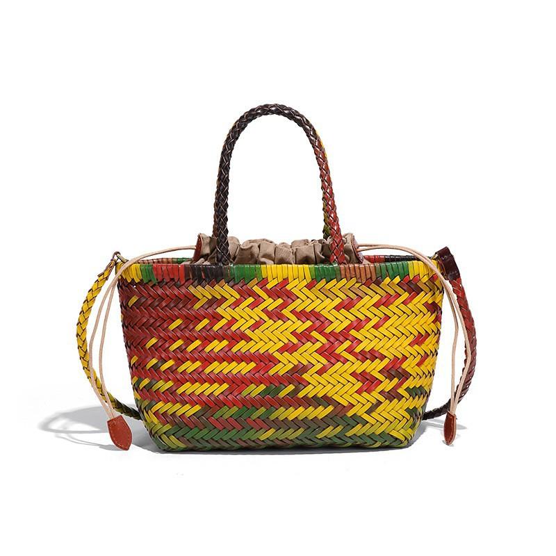 First-layer Cowhide Woven Bag Authentic Leather French Vegetable Basket Retro Fashionable Handmade Rattan Handbag