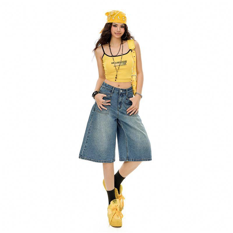 Trendy Vintage Heavy Patch Pocket Loose Straight Distressed Cropped Capri Denim Pants For Women Versatile Slimming FigureFlattering Casual Bottoms