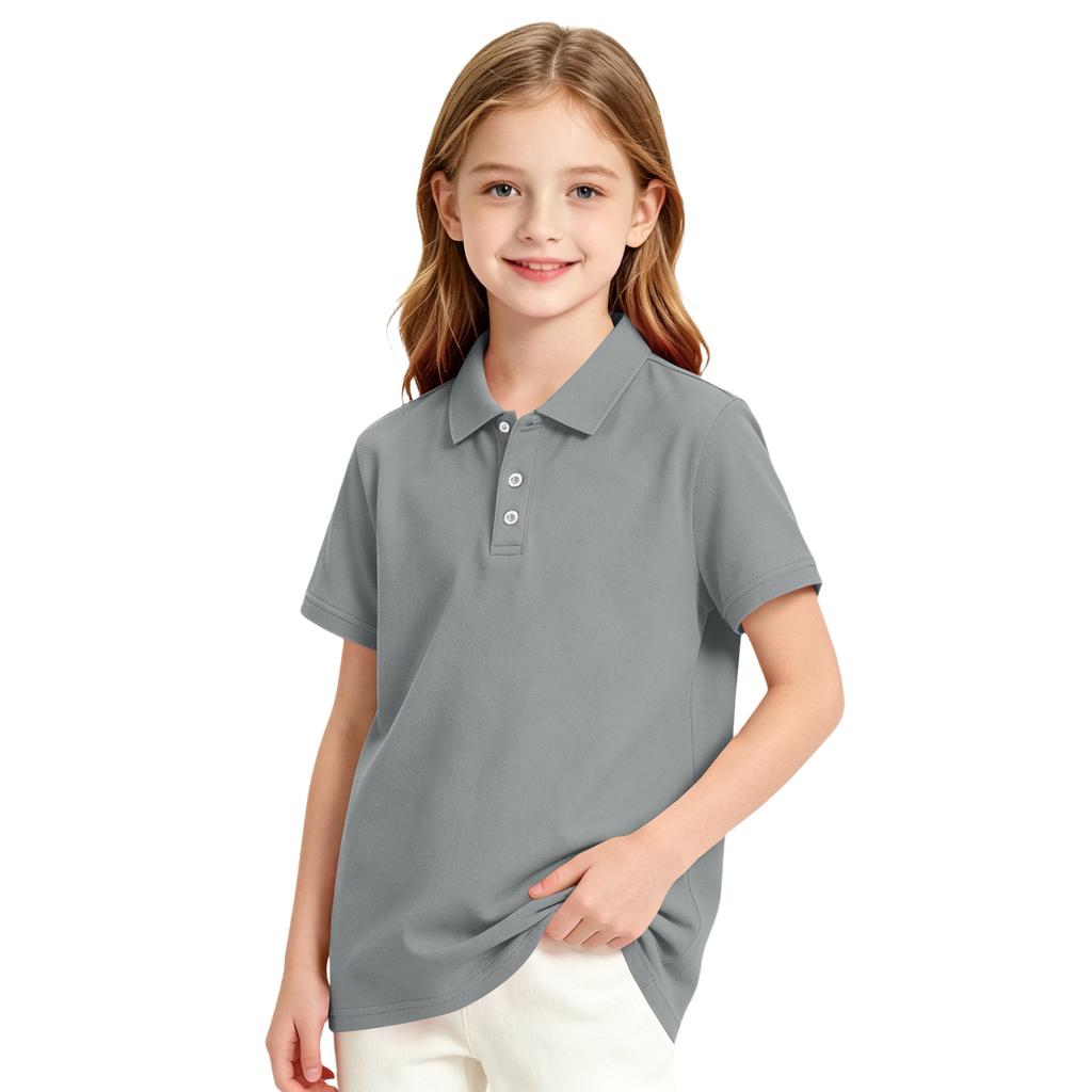 Girls' Short Sleeve School Uniform T-Shirt with Three Button Placket