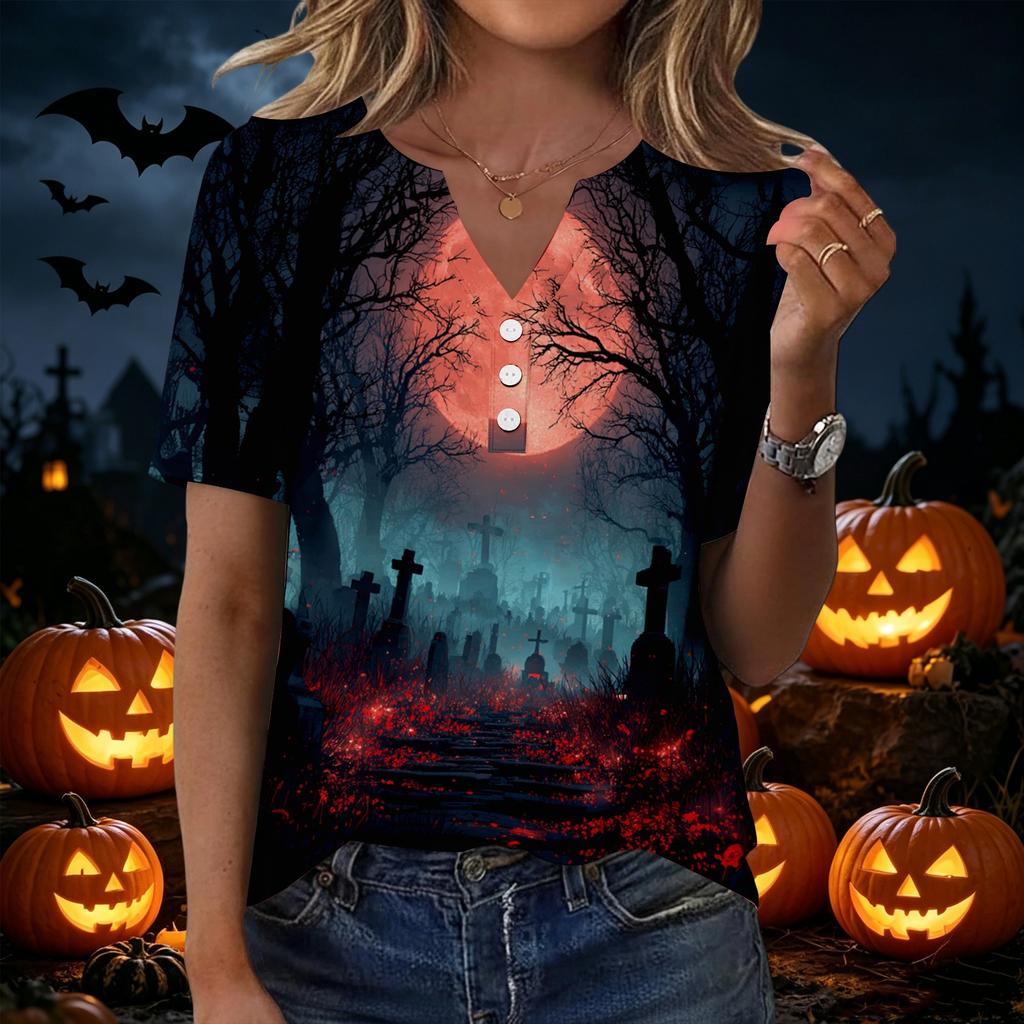 Women Casual V Neck Short Sleeve Button Front T Shirt Halloween Pumpkin Bat Print Split Design Top