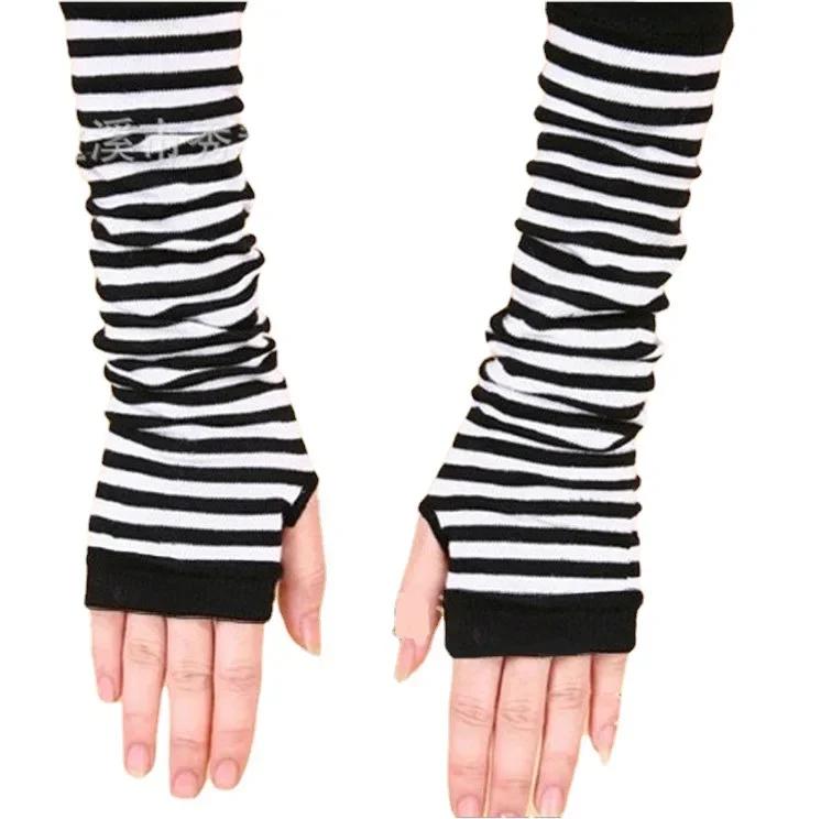New Fashion Long Glove Arm Cover Classic Pink Black and White Striped Fingerless Elbow Gloves Warmer Knitted Long Wristband