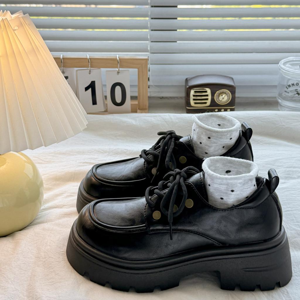 Fashion versatile round head lace-up autumn and winter new thick heel thick sole heightening small leather shoes