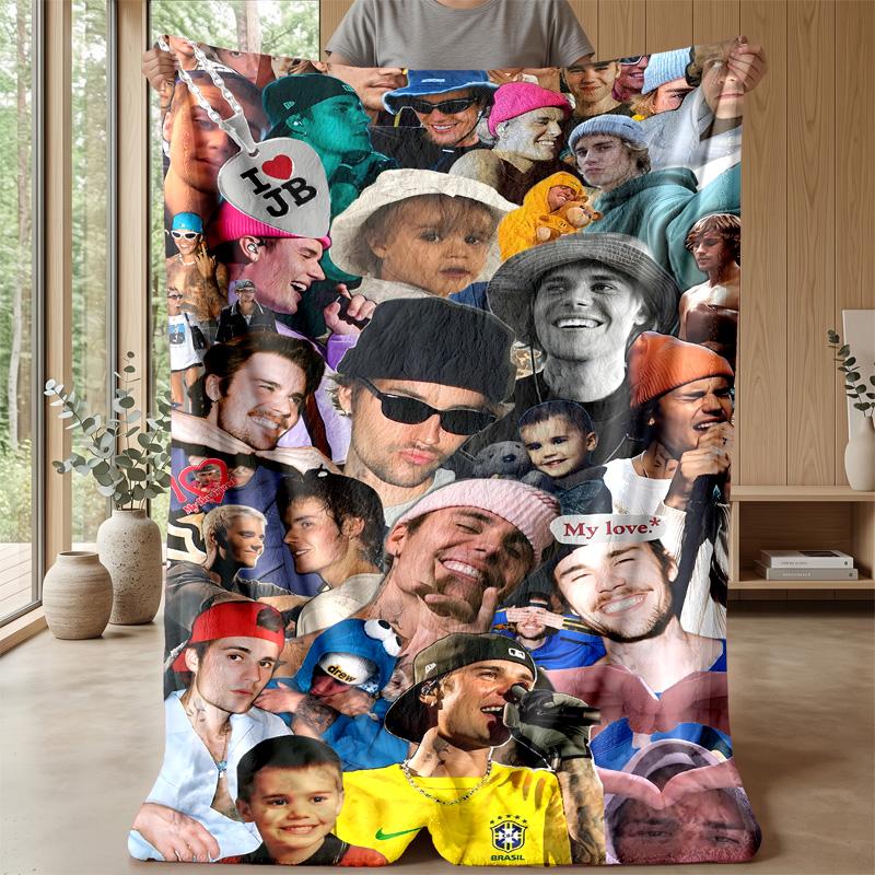 Justin BieberPrinted Flannel Blanket Cozy Skin-Friendly Warm Throw for Couch Bed Indoor Daily Use