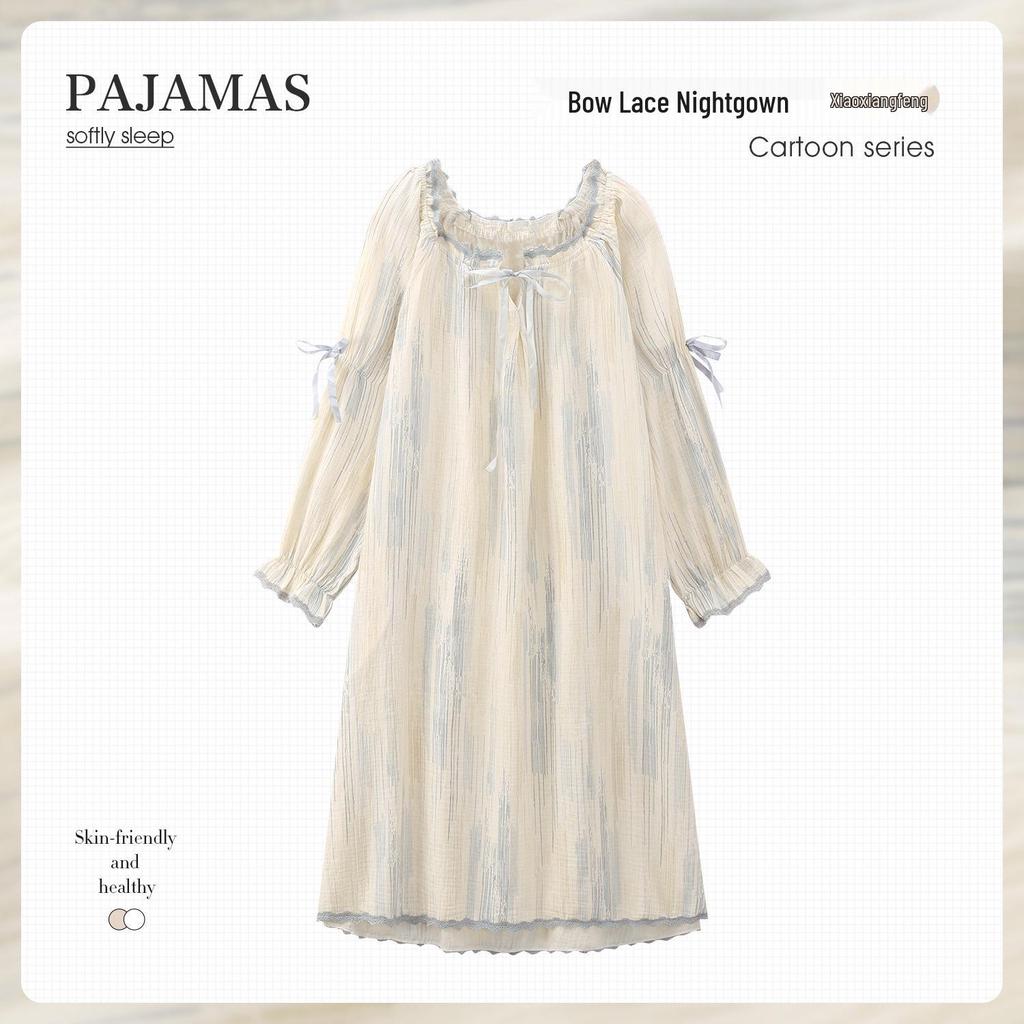 Women's French-Style Pure Cotton Gauze Nightgown, Long-Sleeve, Plus Size, Maternity Pajamas for Spring & Summer.