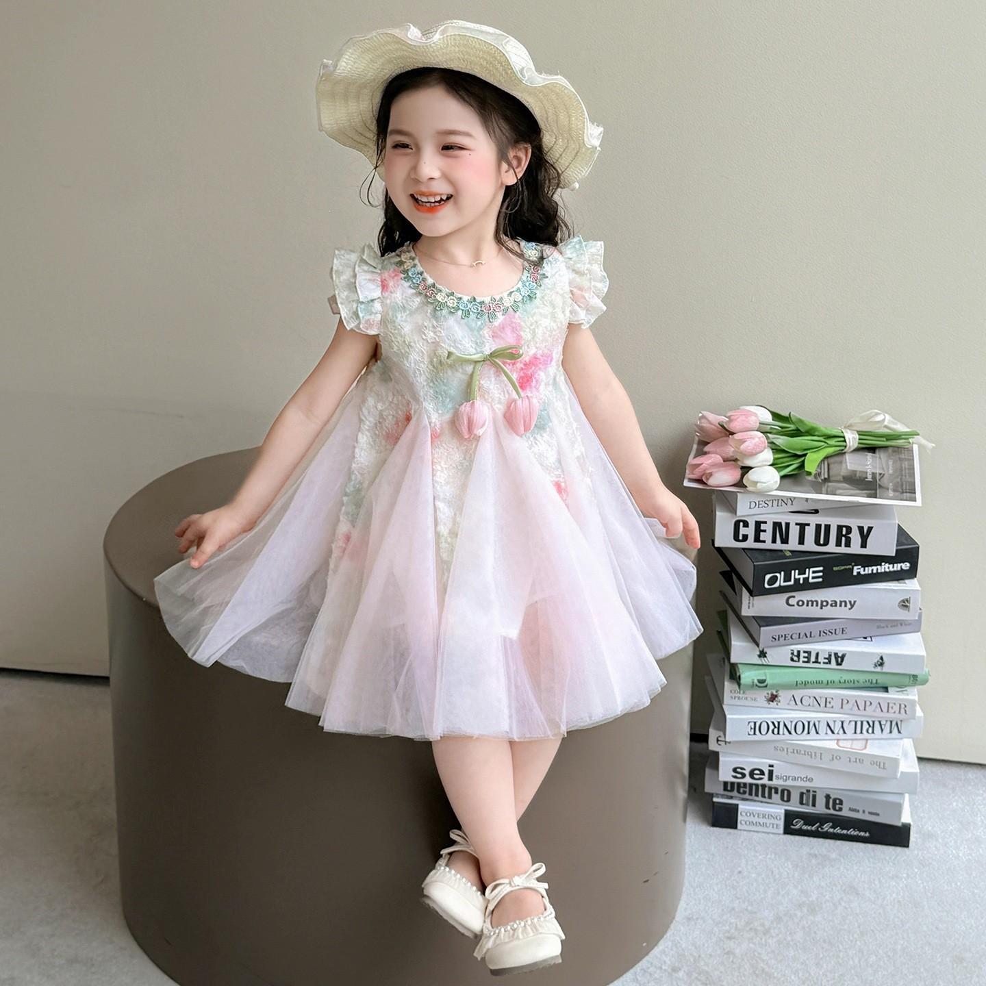 Girls Summer Sweet Floral Mesh Princess Dress Cute Children Tulle Gown 90