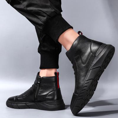 Spring New High-top Locomotive Leather Boots Black Short Boots Fashion Trend Cotton Chelsea Men's Shoes