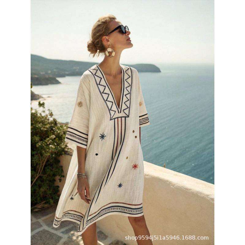 2026 women's V-neck dress seaside vacation 3D printing loose skirt beach