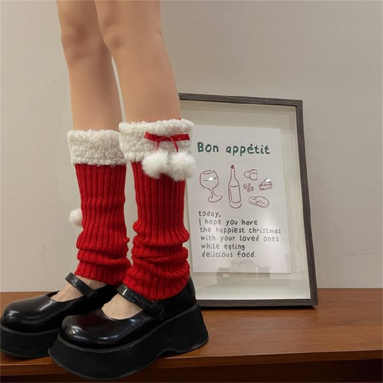 Y2K Women Knit Leg Warmer Christmas Plush Bow Furry Trim Srunch Long Boot Socks