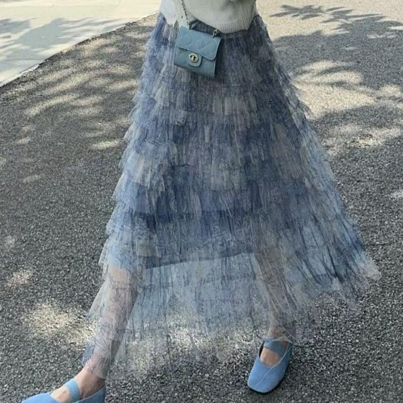 Vintage High Waist Ink Wash Versatile Slimming Puff Long Tiered Skirt Spring Summer Printed Tulle Midi Skirt for Women