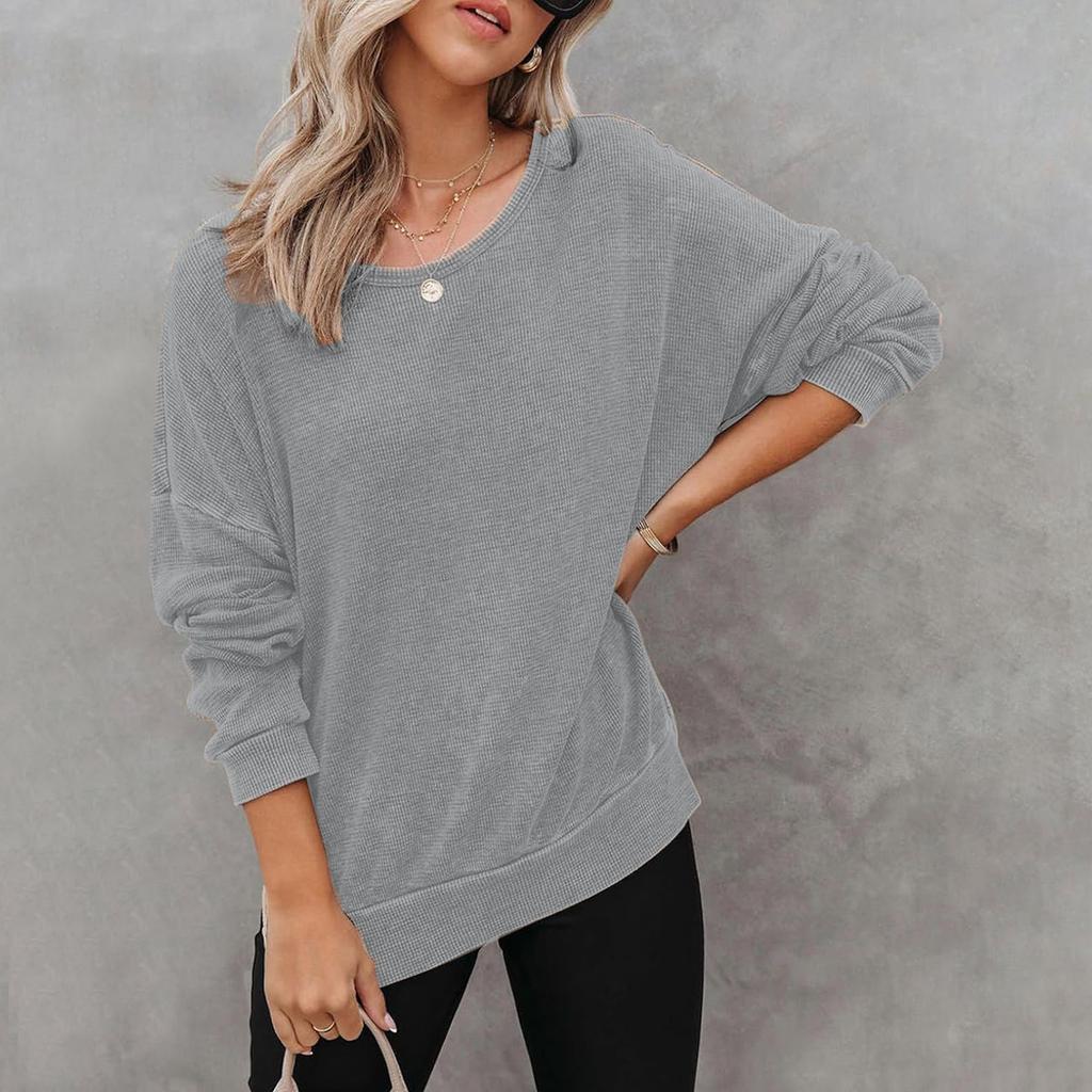 Women's Loose Fit Round Neck Long Sleeve Side Slit Knit Sweatshirt