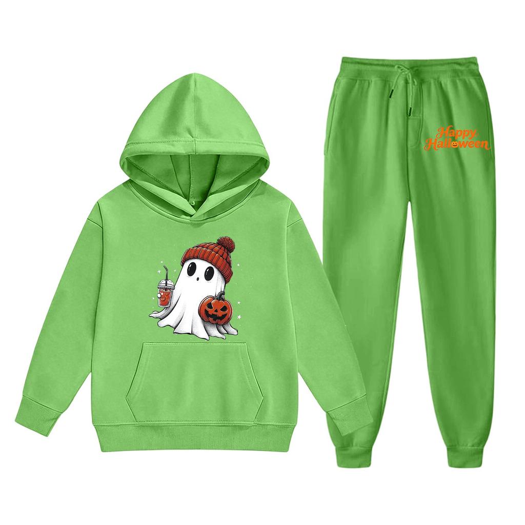 Kids Halloween Hoodie and Pants Set Soft Comfortable Fabric Long Sleeve Pullover with Ghost Pumpkin Print Suitable for Fall and Halloween Events