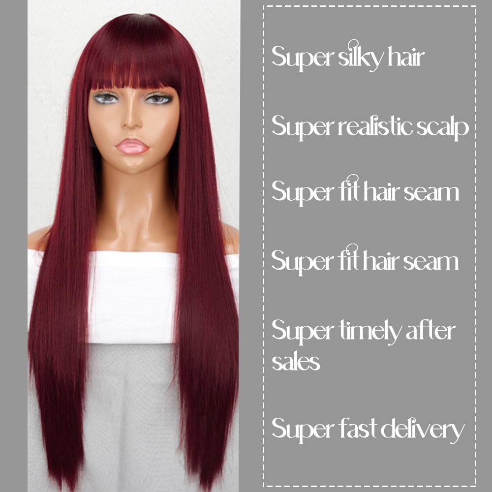 MISS WIG Long Straight Red Wine Wig with Bangs Synthetic Fiber Black Brown Ombre Color Daily Wear Long Wig for Women