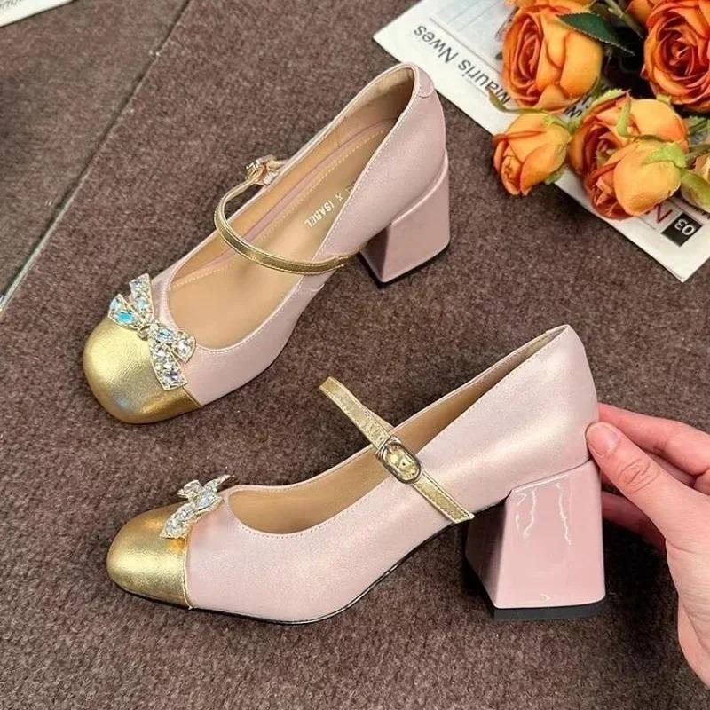 Luxury Sparkling Rhinestone Designer Mary Jane Shoes  Sweet Bow Color Block Buckle Lolita Shoes Party Banquet Women's Shoes