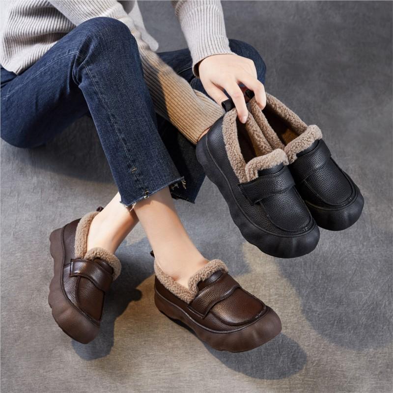 Johnature Genuine Leather Flat Slip-on Cotton Shoes Casual Soft Sole With Plush Warm Women's Loafers