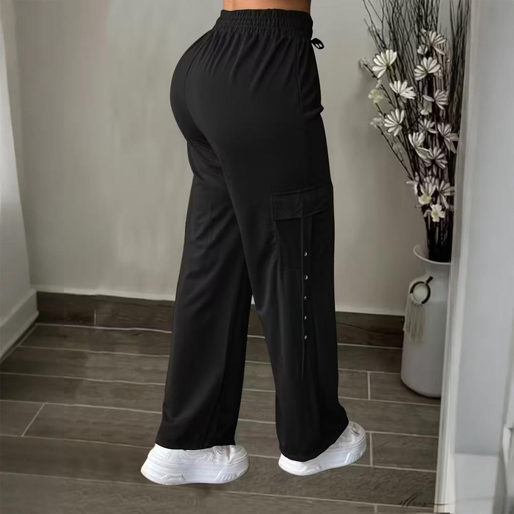 Ladies' Fashionable Color Straight Leg Pants With High Waist Pockets Casual Pants
