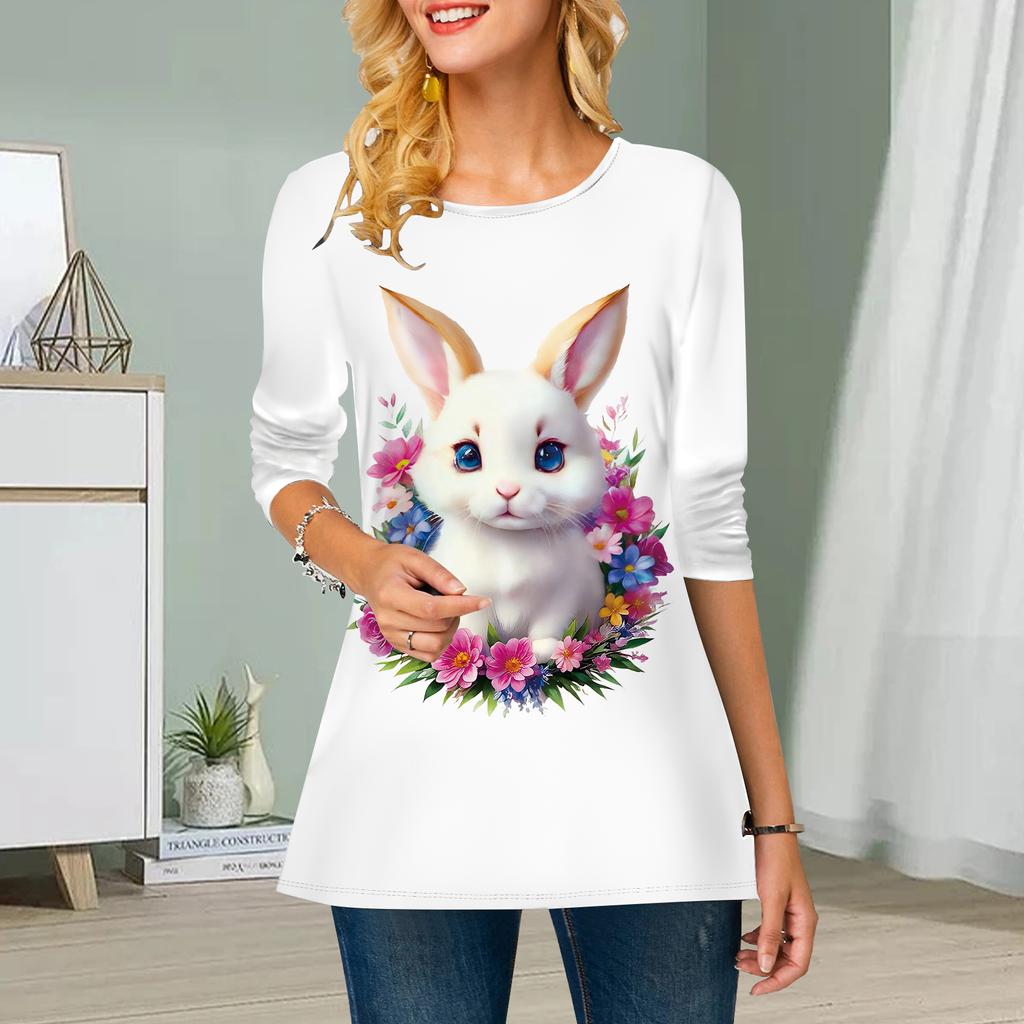 Plus Size Women Flower Wreath Rabbit Print Round Neck Casual Loose Long Sleeve Top