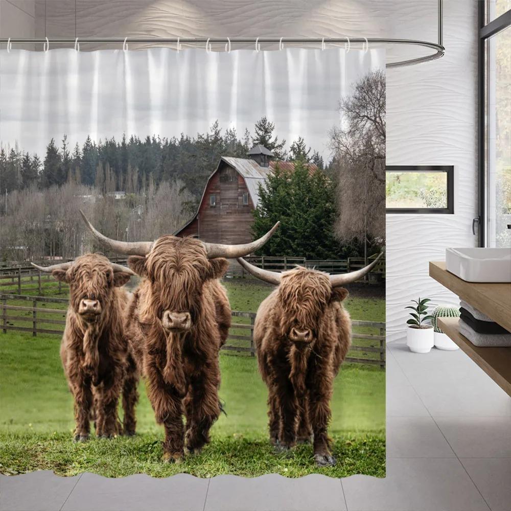 Funny Farm Cow Shower Curtain Rustic Wooden Door Highland Cow Wooden Panel Lavender Flower Cloth Hanging Curtains Bathroom Decor