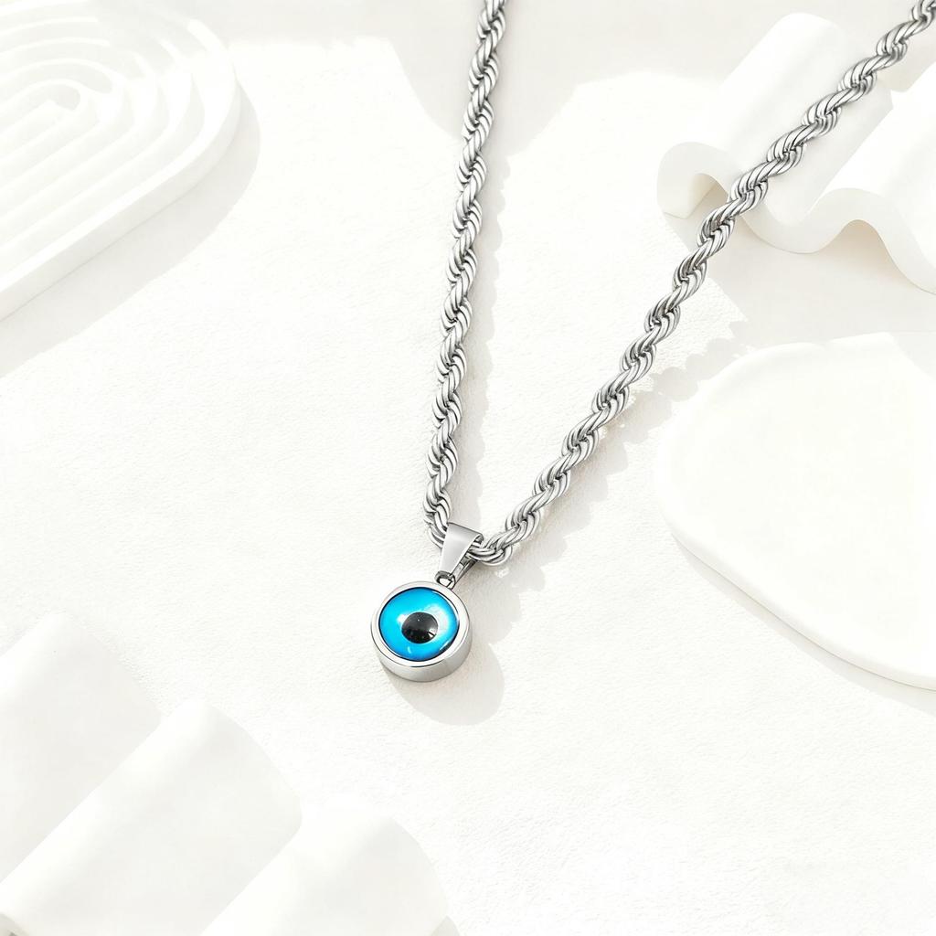 Titanium Steel Rope Chain Necklace with Blue Evil Eye Pendant & 18K Gold Finish