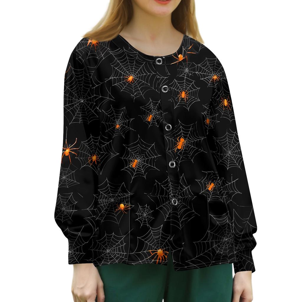 Womens Long Sleeve Button Front Cardigan Halloween Print Spider Web Pattern Lightweight Knit Top for Casual Wear and Work Uniform