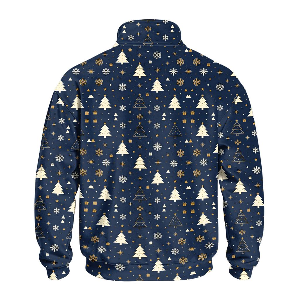Men's Casual Quarter-Zip Stand Collar Sweatshirt with Christmas Print, Holiday Pullover
