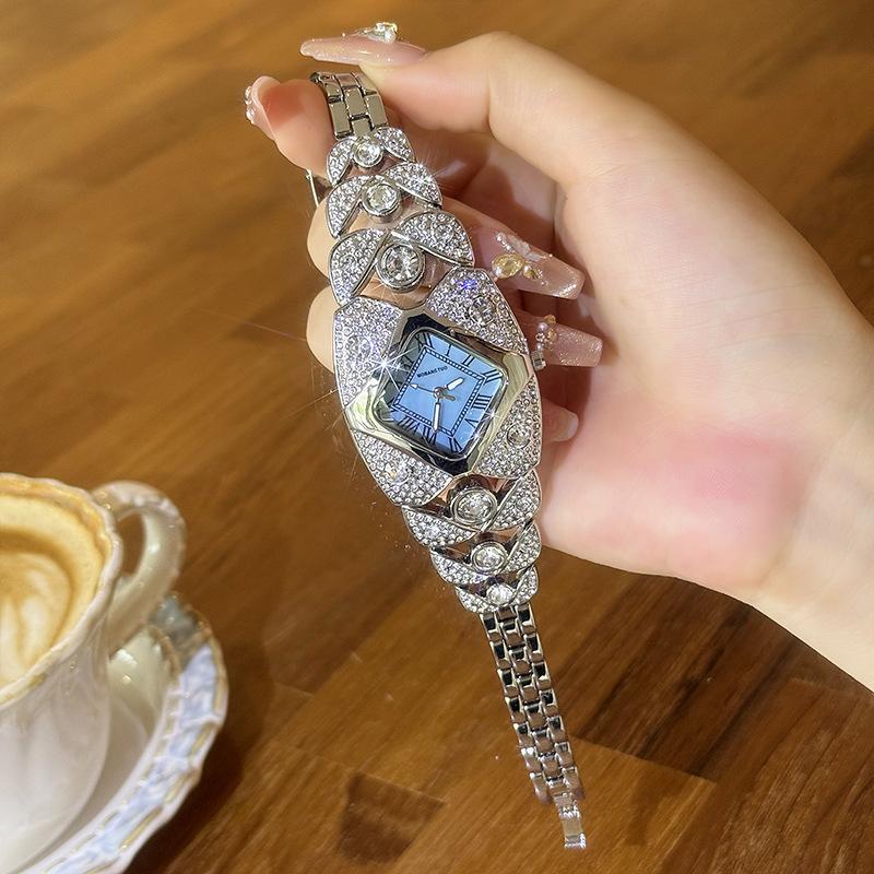 Light Luxury Xiaohongshu Niche Women'S Watch Retro Diamond-Encrusted Bracelet High-End Full Bracelet Diamond Ribbed Square Quartz Watch