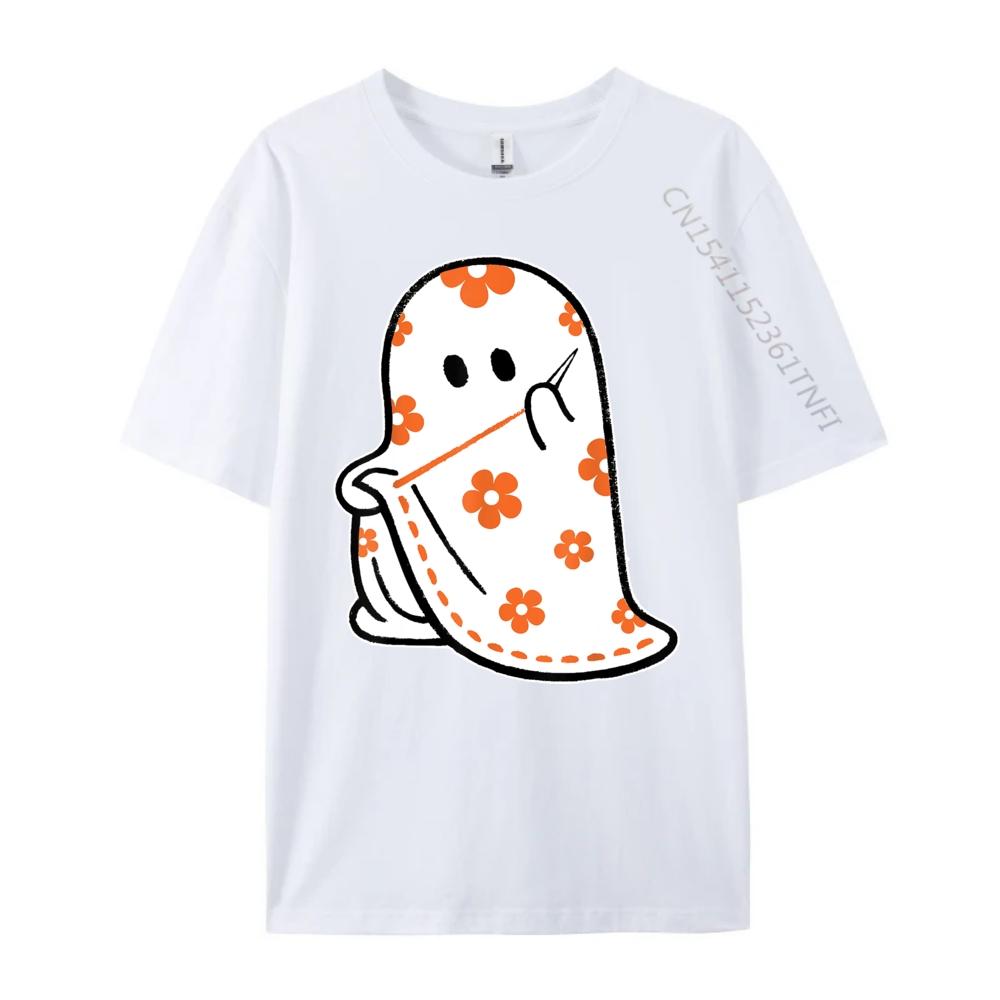 Halloween Costume Sewing Ghost Boo Funny Sewing Lovers Women White Graphic Tee Natural Tops Alphabet