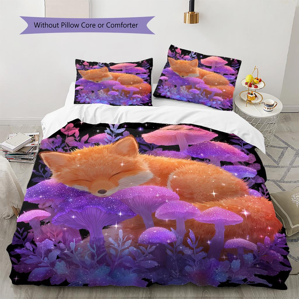 Red Fox with Mushrooms Pattern Bedding Quilt Set Home Decoration Gift (1 * duvet cover + 2 * pillowcase without core)