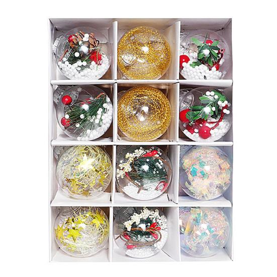 12 Pcs Clear Christmas Ball Ornaments 2.36" Shatterproof Plastic Hanging Xmas Tree Baubles Set with Stuffed Decorations for Holiday Party Home Decor
