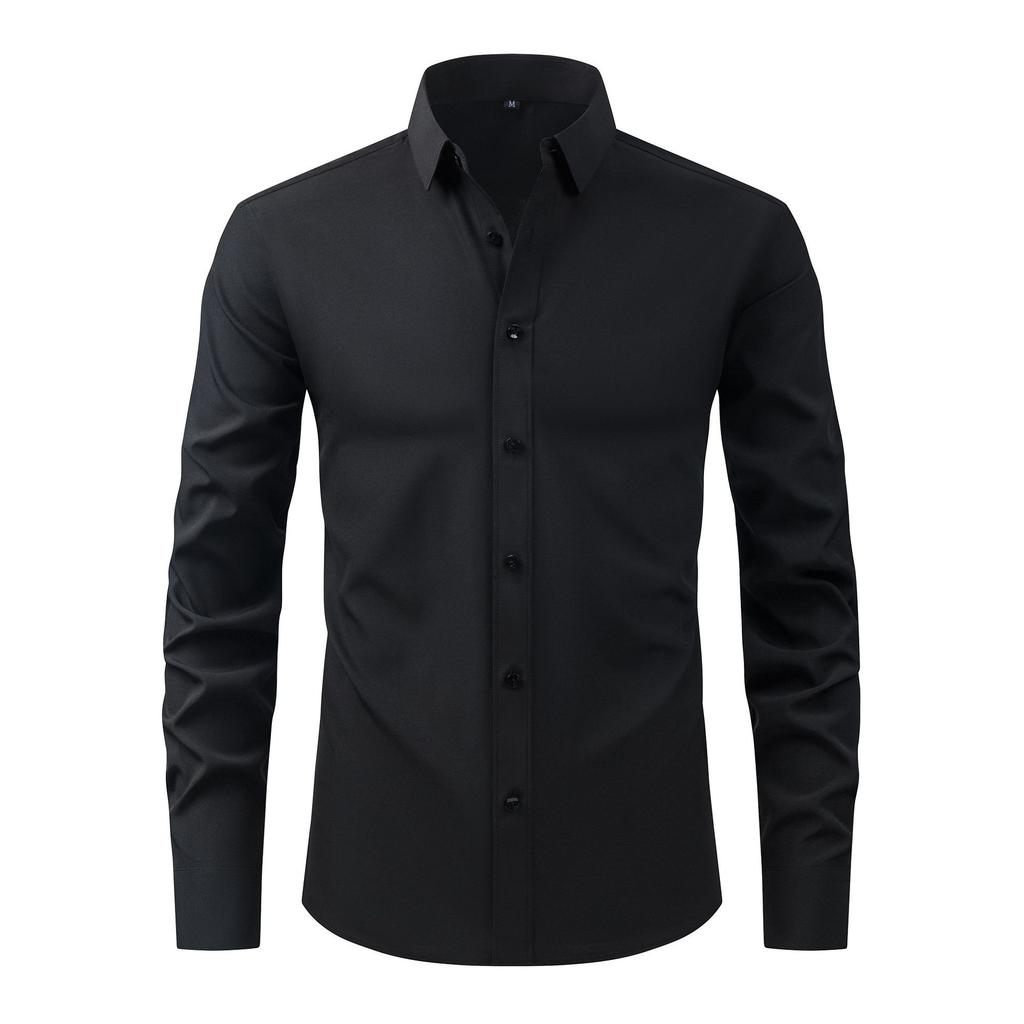 Herren Langarm Slim Fit Hemd mit Knöpfen Uni Schwarz