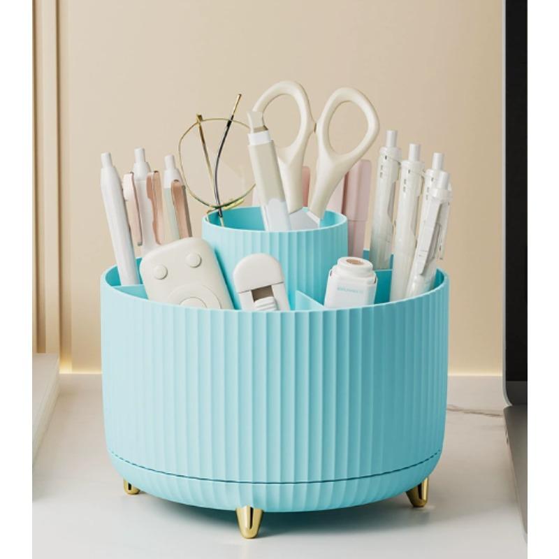 360° Rotating Makeup Organizer Plastic Cosmetic Storage Multi-Functional Brush Holder with 5 Compartments for Vanity Desk