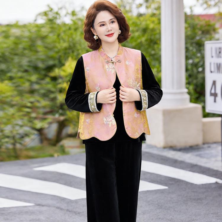 

Mom s 2026 Chinese Style Spring Suit: Middle-aged Women s Three-piece Vest and Jacket Set 4XL (for 135-145 lbs)