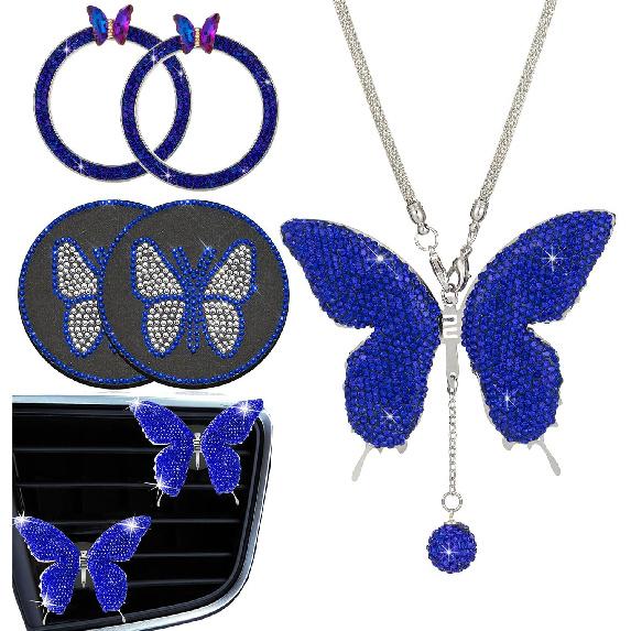 

U&M 7 Packs Bling Butterfly Car Accessories for Women Interior Cute Set, Crystal Rear View Mirror Charms Ring Emblem Cup Coasters Butterflies Air королівський синій колір
