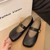 2025 new spring and summer retro versatile round head flat-soled single shoes soft leather comfortable versatile one-word belt women's shoes