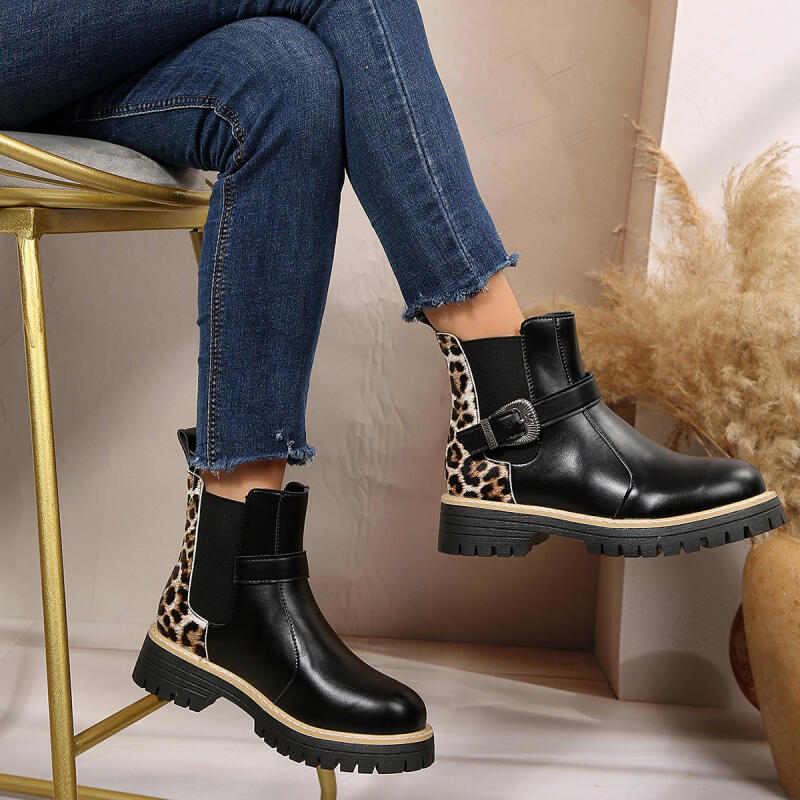 Luxury Leopard Thick Bottom Leather Ankle Boots Women  Winter Metal Buckle Designer Chelsea Boots Punk Woman's Short Booties