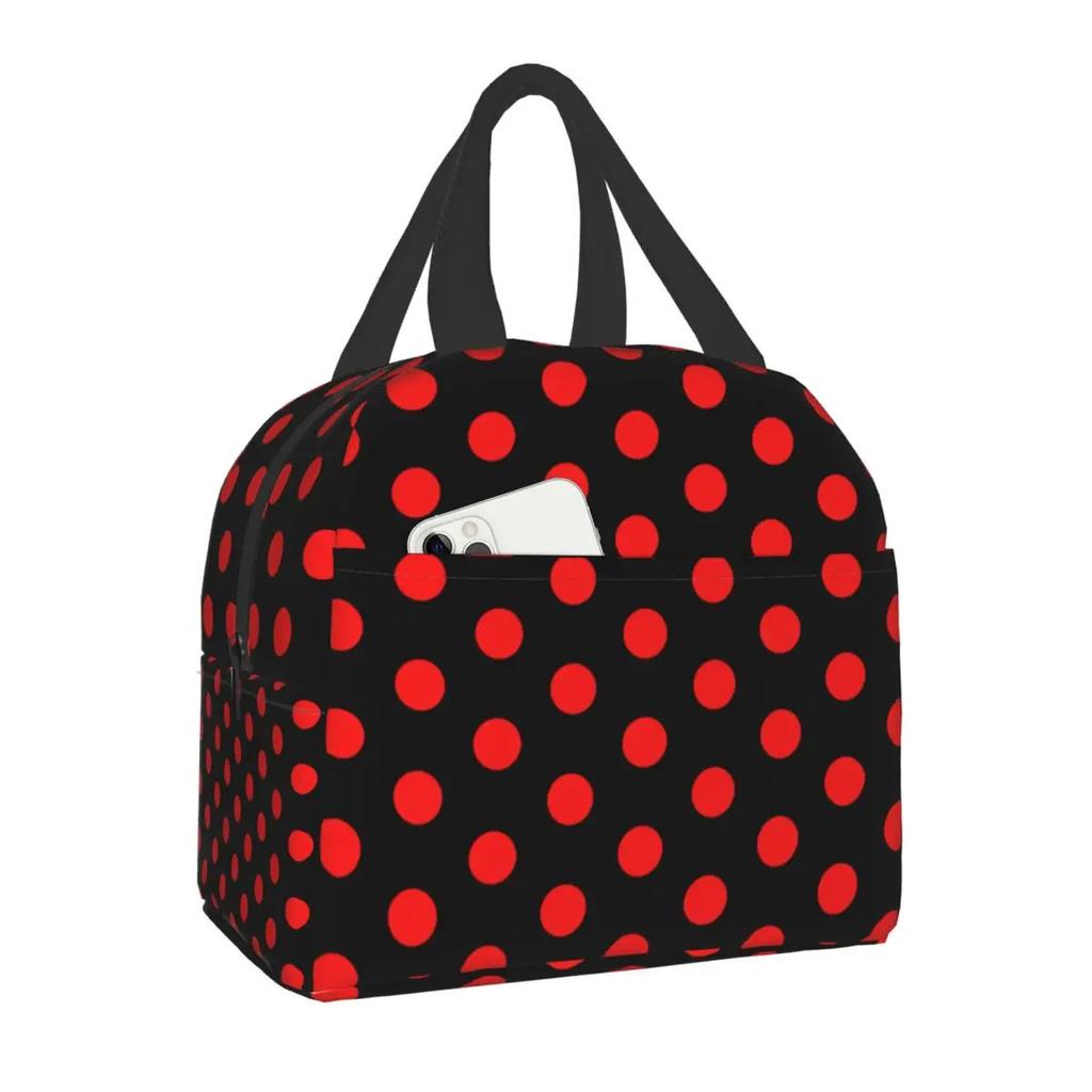 Black and White Polka Dots Lunch for Women | Portable Insulated Thermal Cooler Lunch Box Work School Travel Picnic Bags, Oxford