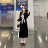 Large Size Women's Hepburn Style Black Velvet Dress Autumn and Winter Sweet Doll Collar Skirt Splicing Contrasting Color Long Skirt