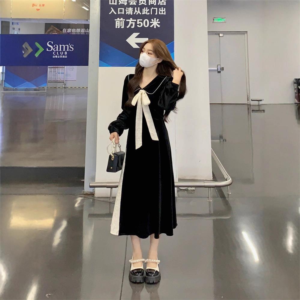 Large Size Women's Hepburn Style Black Velvet Dress Autumn and Winter Sweet Doll Collar Skirt Splicing Contrasting Color Long Skirt
