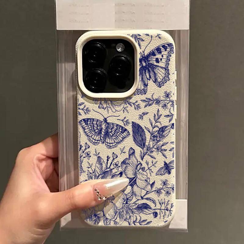 Vintage Blue Butterfly Flower Lichee Pattern Phone Case For iPhone 17 Air 16 Pro Max 15 Plus 13 12 Pro Max X XR XS Soft Cover