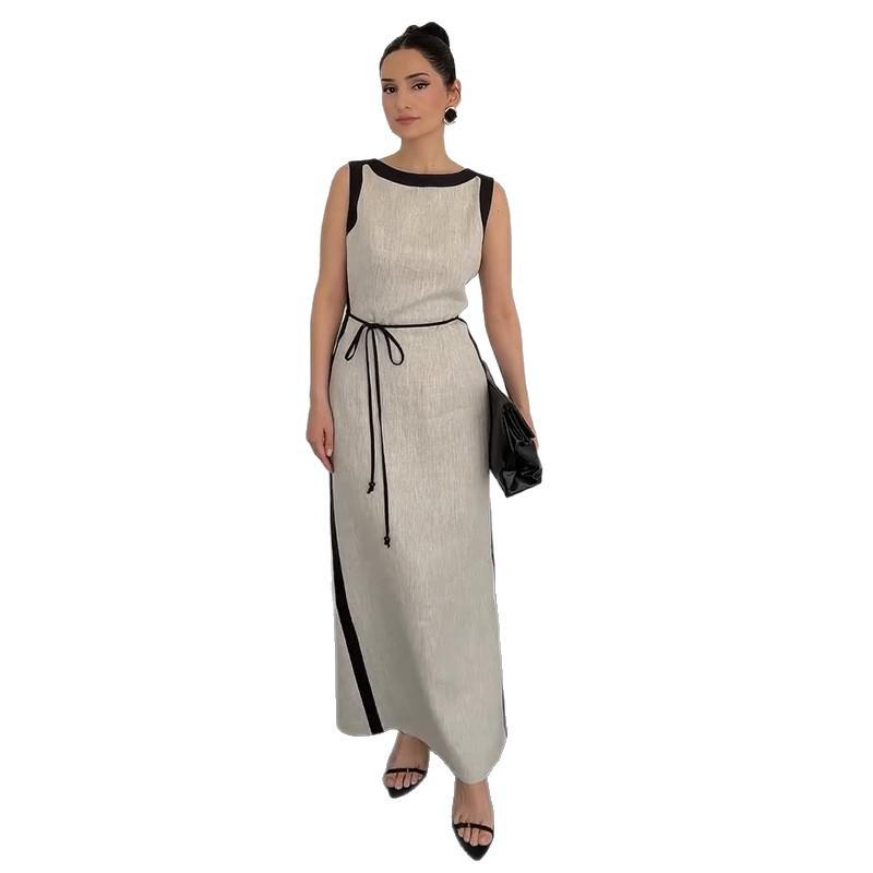2025 Autumn Women's Colorblock Sleeveless Crew Neck Tie-Up Slit Dress