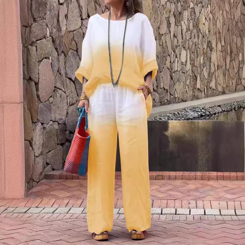 

Женский комплект из модного хлопка и льна с градиентом, топ с длинными рукавами и круглым вырезом и прямые брюки, комплект из двух предметов XXXL